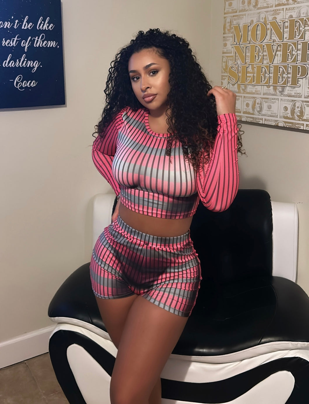 Strip long sleeve short set