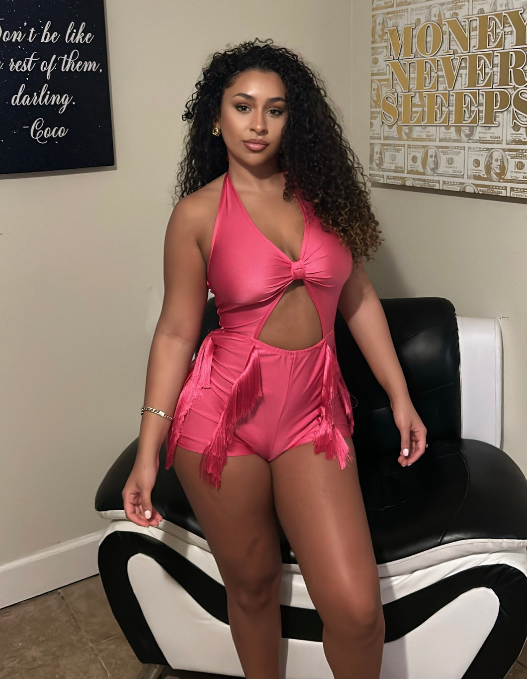 Pink Shredded Backless “Romper”